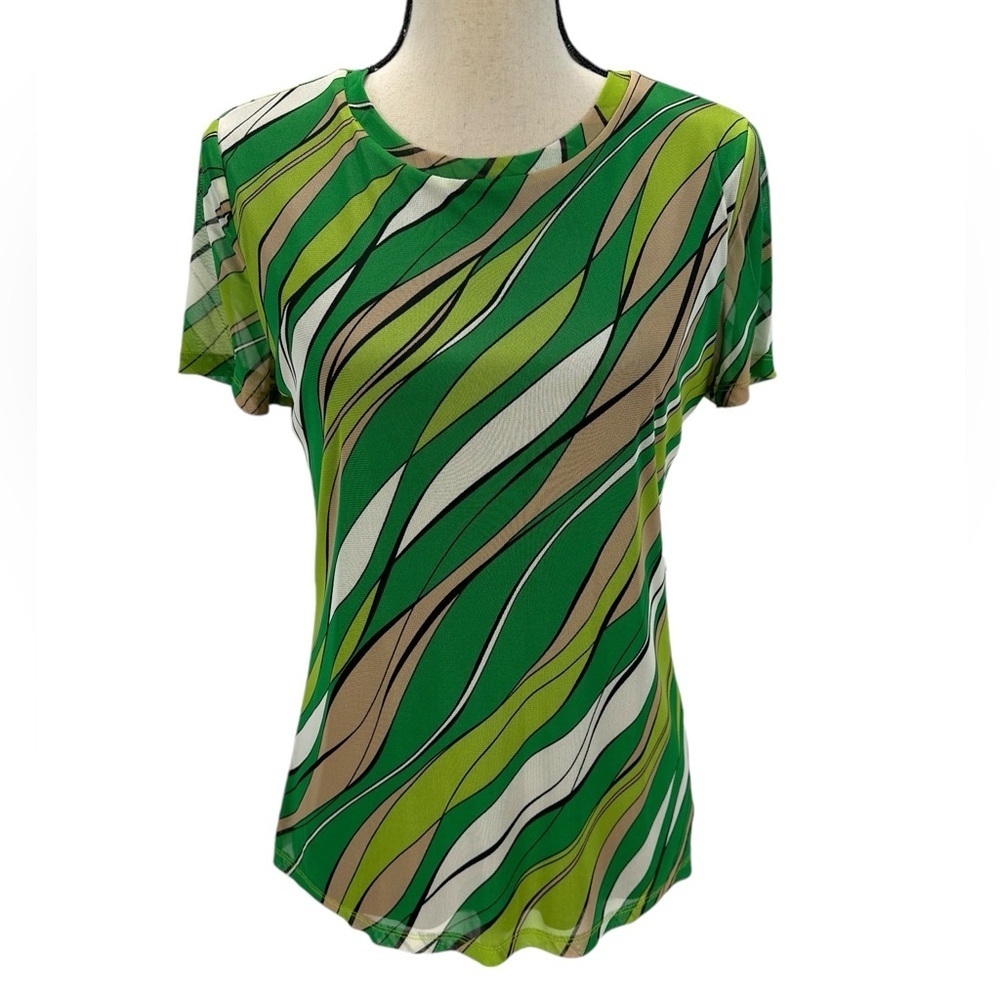 Bar III Short Sleeve Crew Neck Leaf Print Blouse - Green - size Medium